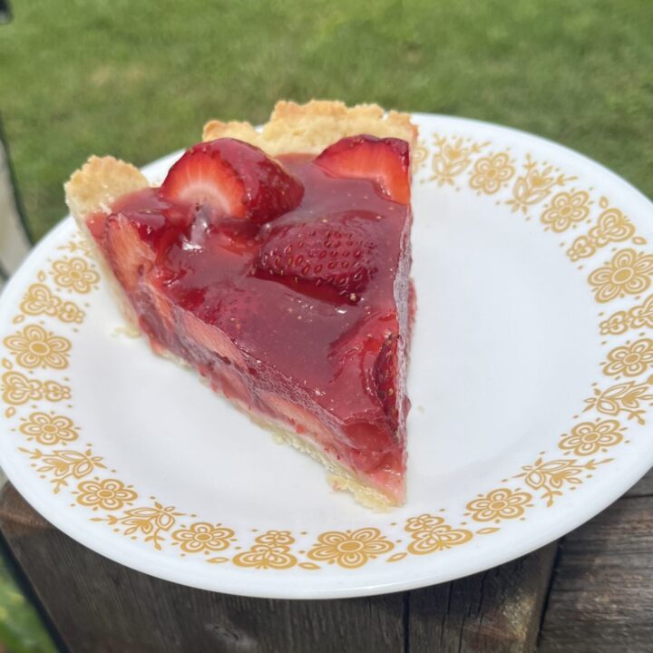 Slice of strawberry pie on a small dessert plate with a background of flowers and grass.